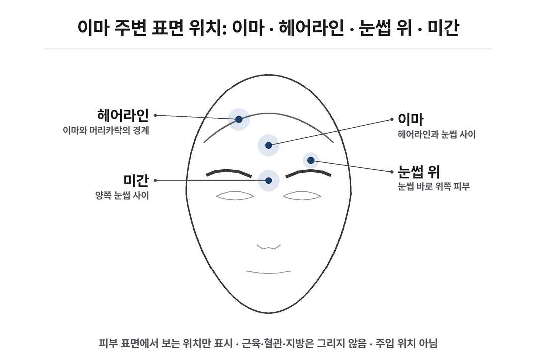 눈썹 사이의 미간과 주변 표면을 구분했어요. 눈썹 위 표시는 한쪽에만 있고, 내부 근육이나 혈관·주입 지점을 그린 것은 아니에요.
