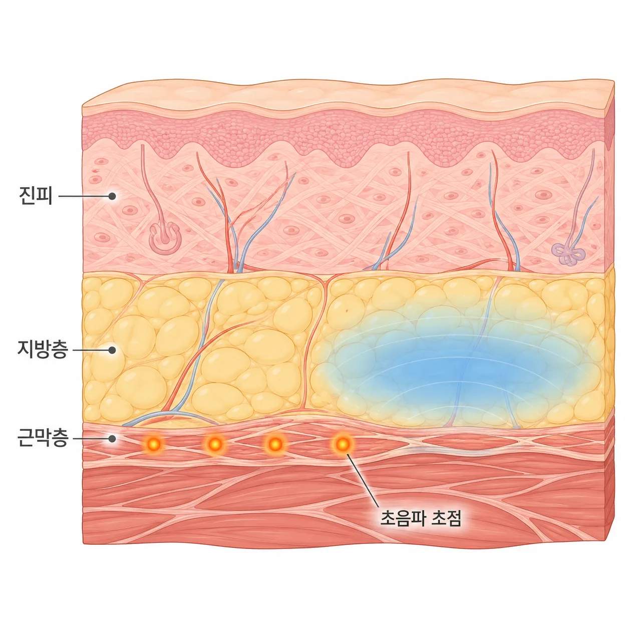 초음파는 근막층에 점으로, 고주파는 지방층에 넓게 닿아요